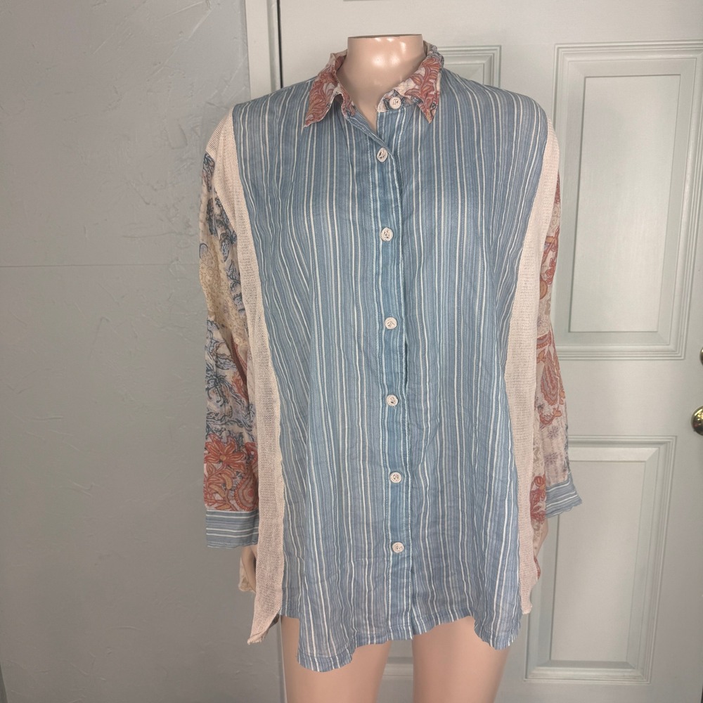 Free People All Patched Up Women's Shirt XS Button Mixed Print Cotton Boho V3-9